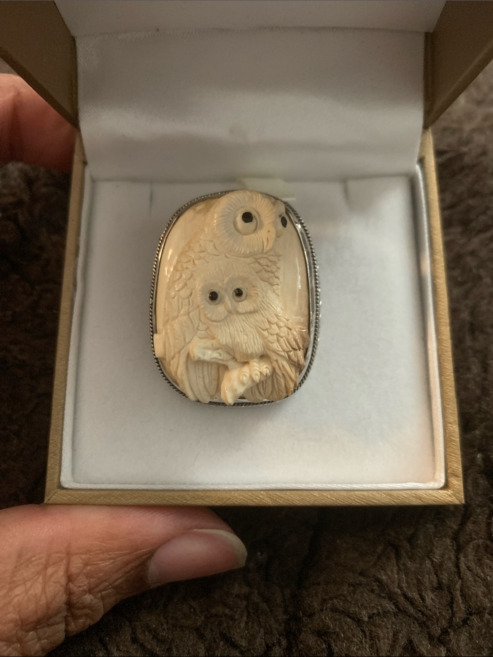 Vintage Korite Mammoth Owl Carving Brooch/Pendant in Sterling silver
